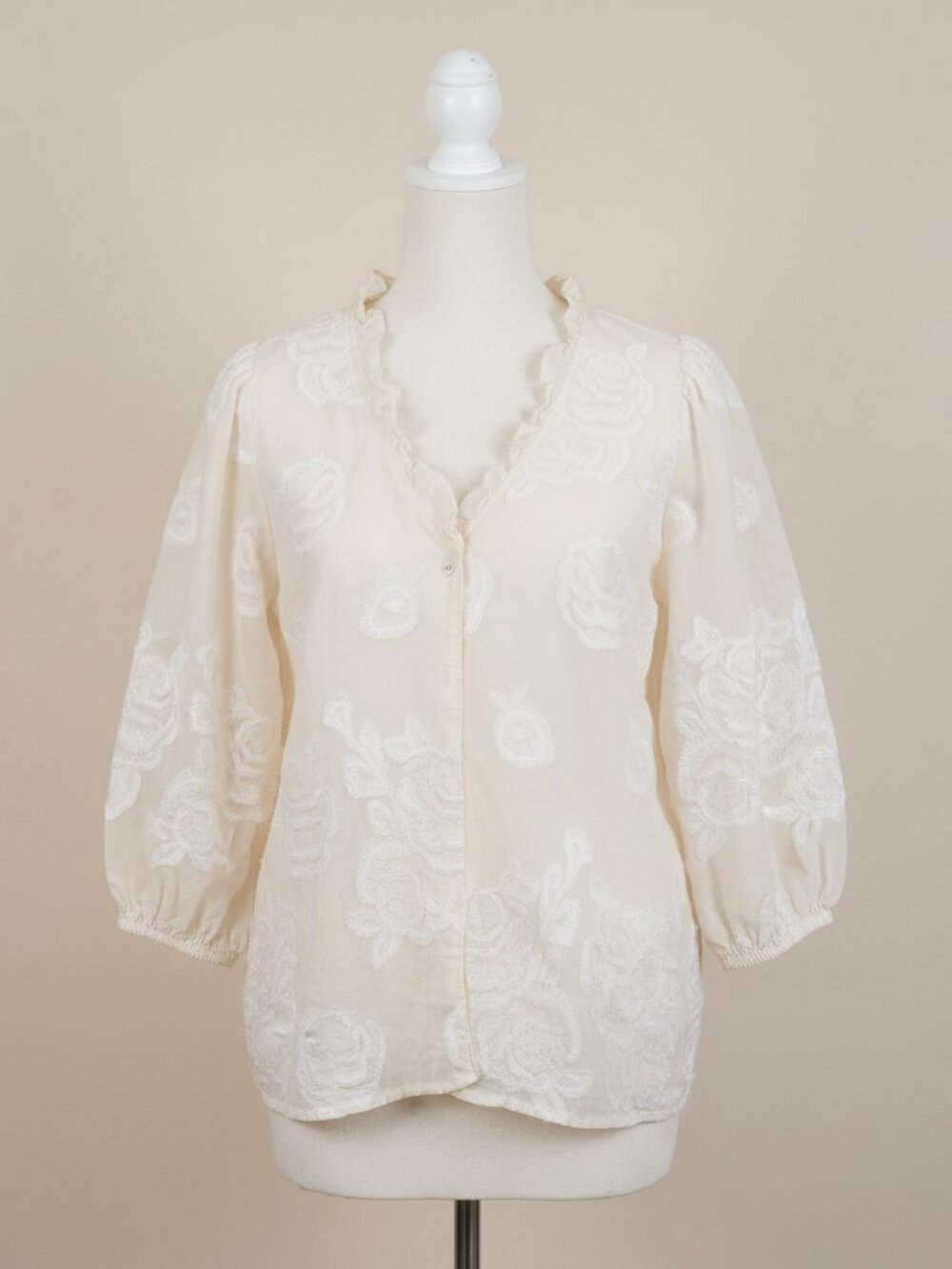 🤍 The Cream Confession Blouse — Embroidered | Puff Sleeves | Size L/XL